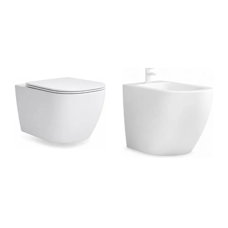 Karag Coppia sanitari sospesi Milos bianco lucido Rimless con vaso WC, bidet e coprivaso